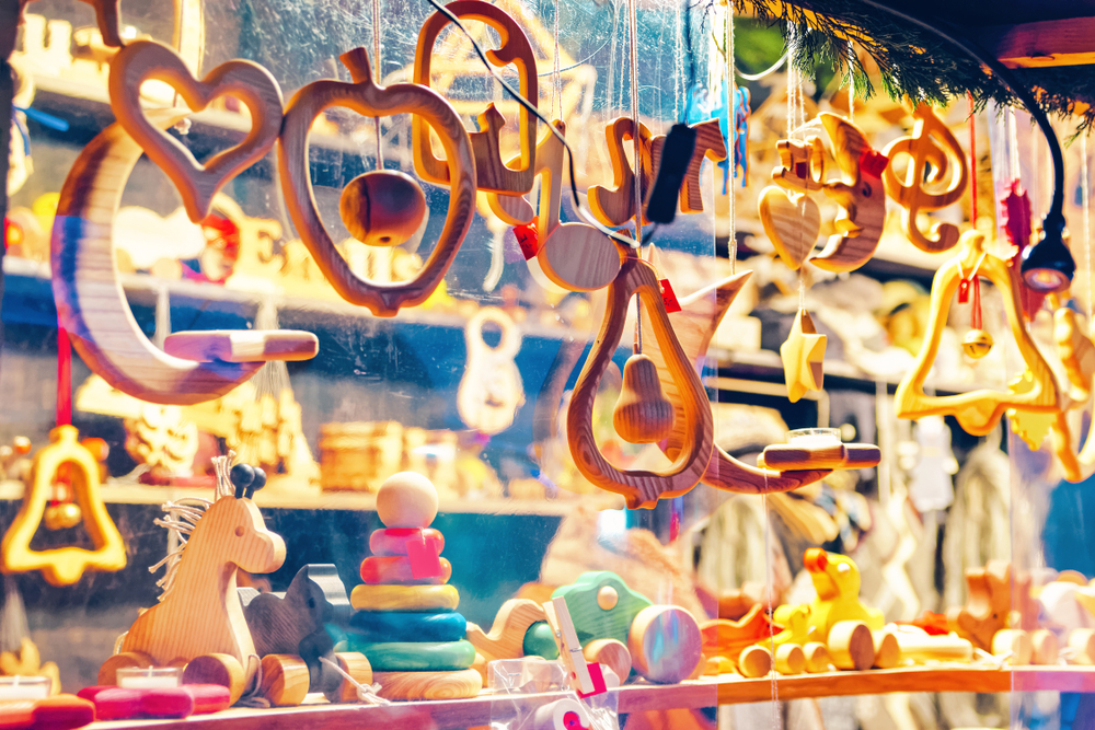Close-up,Image,Of,A,Stand,With,Wooden,Toys,And,Christmas